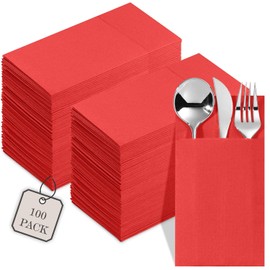 Paquete de 100 servilletas desechables con bolsillo para cubiertos, servilletas rojas de papel para Navidad, boda, cena o fiesta, bolsillo integrado para cubiertos, preplegado