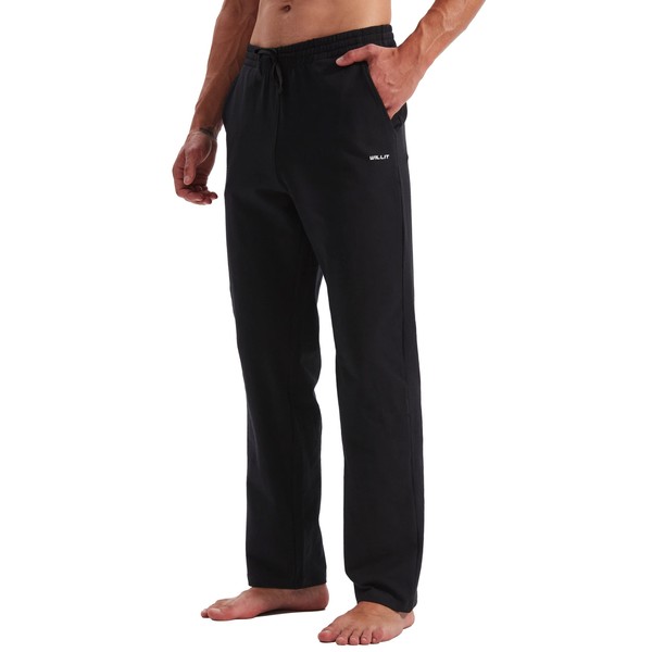 Willit Men's Cotton Yoga Sweatpants Exercise Pants Open Bottom Athletic Lounge Pants Loose Male Sweat Pants with Pockets Black L