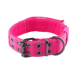 Yunleparks Reflective Dog Collar Tactical Dog Collar Heavy Duty Dog Collar with Control Handle and Metal Buckle for Dog Training(Large, Pink)