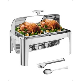 9 QT Rectangular Roll Top Chafing Dish Buffet Set, Catering Food Warmer Stainless Steel with 2 Half Size Pans for Parties, Wedding, Birthday,Catering, Hotels and Weddings