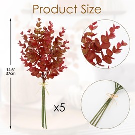 Arborus 5 Stems Artificial Fall Greenery – 14.6" Eucalyptus Leaf Stems for Autumn Floral Arrangements, Thanksgiving Centerpieces, Fall Decor Bouquets, Burgundy Red