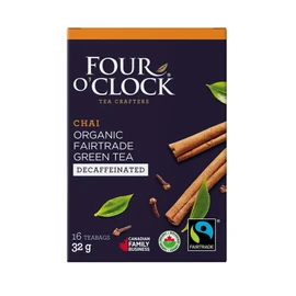 Four O'Clock Organic Fairtrade Chai Green Tea Decaffeinated, Non-Gmo, Kosher, Gluten-Free, 16 Count, 32g