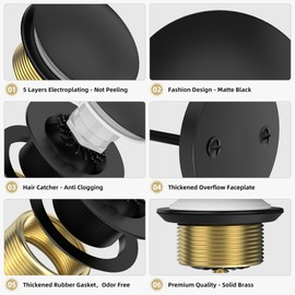 Sogmeter Matte Black Tub Drain Kit with Hair Catcher, Premium Brass Mushroom Tip-Toe Bathroom Tub Drain Replacement and 2-Hole Overflow Faceplate, 11.5/16 UNC Bathtub Drain Stopper Assembly