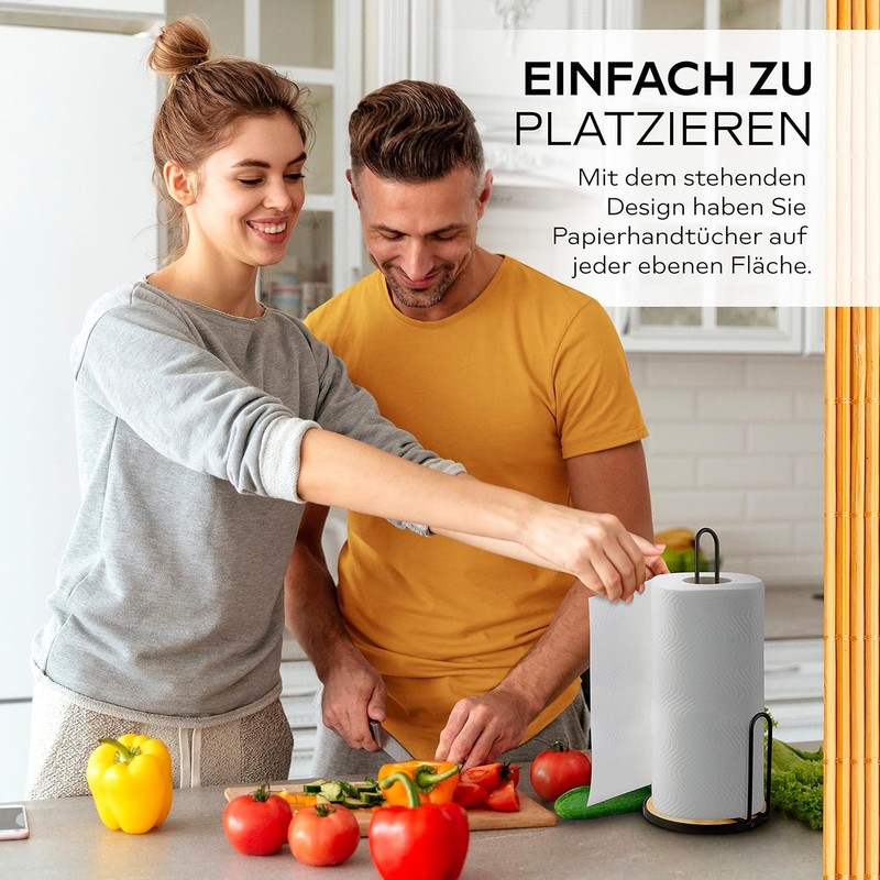 HIKITCHEN® Steel Stand Kitchen Roll Holder with Bamboo Base -