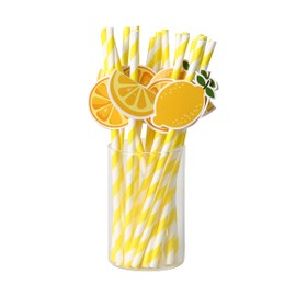 Lemon Biodegradable Paper Straws，Lemon Birthday Party Striped Decorative Straws - Set of 20.