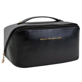 Travel Makeup Bag Large Capacity Cosmetic Storage Bag Organiser Toiletry Bag with Multiple Compartments and Handle Secure Zipper Waterproof PU Leather Wide Opening Design (Black)