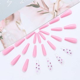 Brishow French Stick-On Nails, Pink Artificial Nails, Long Press On Nails with Butterfly, Ballerina, Acrylic False Fingernails, Pack of 24 for Women and Girls
