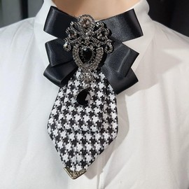 Men's Teardrop Rhinestone Bow Pre-Tied Brooch for Unisex Elegant Crystal Satin Fabric Houndstooth Ribbon Neck Tie Brooches Lapel Pins Wedding Prom Party Costume Bow Tie (Black)