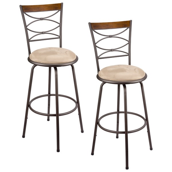 Kira Home Avery 30" Adjustable Height Round Swivel Barstool w/ Real Wood Accent Back, Bronze Metal Finish, Set of 2