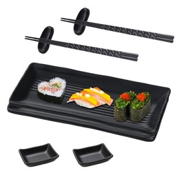 GOIEHIR 8-Piece Sushi Plate Slate with Dipping Bowls 21 x 10 cm Sushi Crockery Slate Plates with Chopsticks Storage Benches Dip Bowls Slate Plates for 2 People