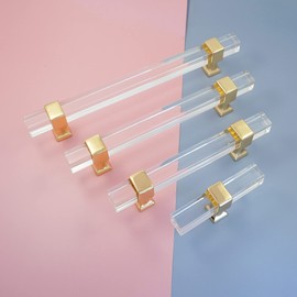 MFYS 2-1/2" Square Clear Acrylic Handles Gold Kitchen Cabinet T Bar Knobs Drawer Pulls 64mm (1, 2-1/2" Hole to Hole)