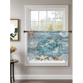Turtle Sheer Chiffon Curtain Nautical Ocean Coral Starfish Voile Window Drape for Bedroom 45 Inch Long,Single Panel Semi-Sheer Light Filtering Summer Coastal Window Treatment for Living Room, Nursery