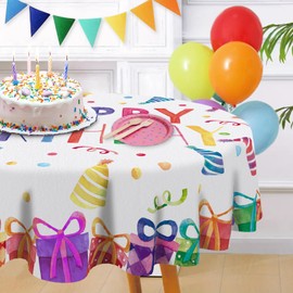 Livcoz Happy Birthday Round Tablecloth 60 x 60 Inches, Colorful Birthday Hat Gifts Decorative Dining Table Cloth, Rainbow Polka Dots Dinner Tablecover Picnic Party Decoration