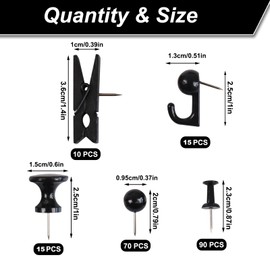 Push Pins Set, 200 Pcs Thumb Tacks Map Pins, Tacks, 5 Types Pushpins Thumbtacks for Cork Board Bulletin Boards Office Accessories (Black)