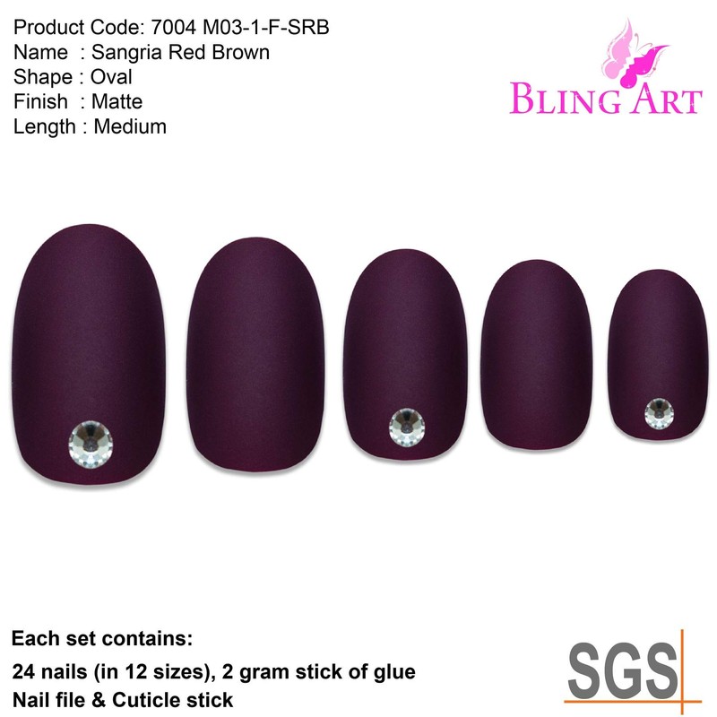 False Nails Bling Art Red Brown Matt Oval 24 False