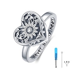 SOULMEET Sterling Silver Sunflower Locket Urn Ring for Ashes Memorial Keepsake Jewellery Forever in My Heart Cremation Ring for Women, Size: