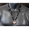 ElisaJewelryArt - Natural Pink Quartz Heart Pendant Black Onyx Stone