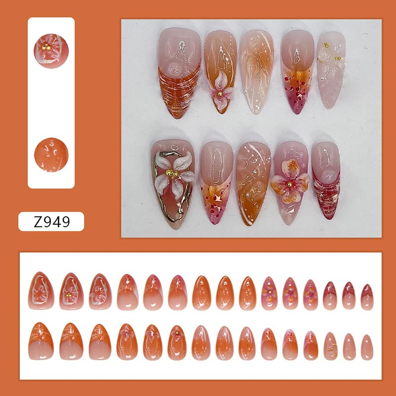 Flower Press on Nails Medium French Tip False Nails 3D
