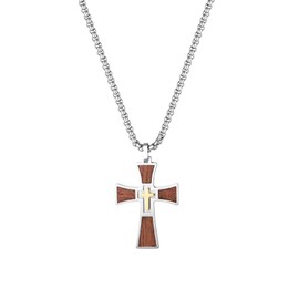 JewelryWe Classic Cross Necklace Double Layer Wooden Cross Pendant Stainless Steel Necklace for Men,Silver