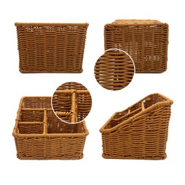 WuJiLiving Handwoven Wicker Desk Organizer,Rustic Rattan Remote Control Holder,TV Remote Caddy,Storage Box for Countertop,Office Supplies,Makeup Brush Holder