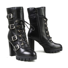 Milwaukee Leather MBL9459 Women's Black Leather Buckles Platform Boots with Lace-Up Closure - 6