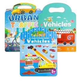 XXPLCOU Reusable Sticker Books for Kids, 3 Sets Sticker Books for Toddlers 1-3, Toddler Stickers Age 2-4, Lovely Waterproof Stickers for Teens Girls Boys - Three Different Vehicles