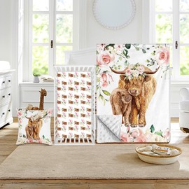 Duckbe Baby Crib Bedding Set - Highland Cow Design Nursery Bed 3 Pcs Set - Chic Soft Blanket with Dotted Backing, Sheet, Pillowcase for Newborns Girls Boys Gifts Color01
