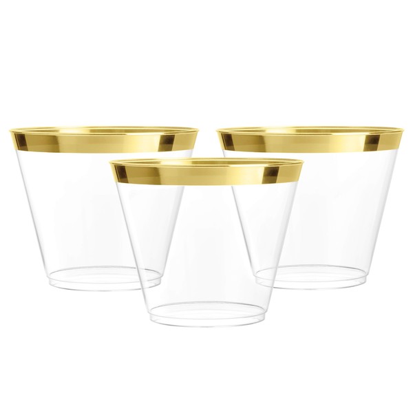 Prestee Hard Disposable Cups | Plastic Wine Cups | Plastic Cocktail Glasses | Plastic Drinking Cups | Bulk Party Cups | Wedding Tumblers | Clear Cups (100 ct - Gold (9oz))