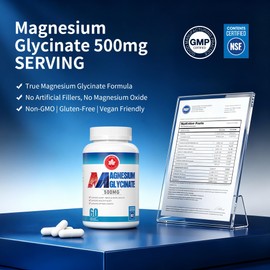 Magnesium Glycinate 500mg – NSF Certified – with B6 & B12, for Sleep, Relaxation & Muscle Support – Gentle on the Stomach for Men & Women – 60 Capsules