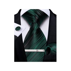 DiBanGu Mens Striped Tie Silk Woven Necktie and Pocket Square Cufflinks Tie Clip Set Wedding Business Formal Gift Tie for Men, Emerald Green