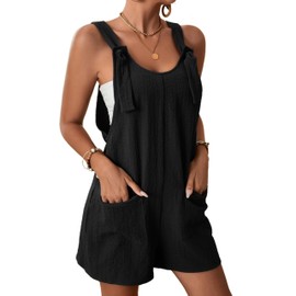 Hvewarm Women Summer Linen Overalls Shorts Loose Fit Sleeveless Knot Strap Cotton Short Romper Jumpsuits with Pockets(Black-M)