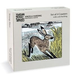 Museums & Galleries Set of 4 Cork Backed Coasters - Young Hare Linoprint Design by Angela Harding - Statement Coasters for the Home