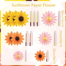 EASY JOY 9pcs Sunflower Paper Flowers Party Decoration Spring Yellow Flower Hanging Paper Fans Pink Orange Sunflower Themed Hanging Fans for Spring Baby Showers Birthdays and Summer Events