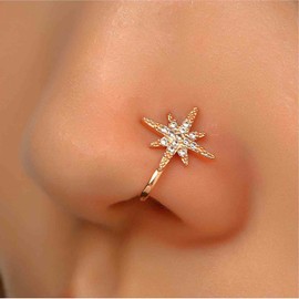 Iaceble Bohemia Crystal Northstar Nose Ring U Shape Clip On Nose Cuff Starburst Wing Nose Stud Faux Nose Septum Ring Gold CZ Bendable Nose Ring Body Nose Ring Jewelry for Women