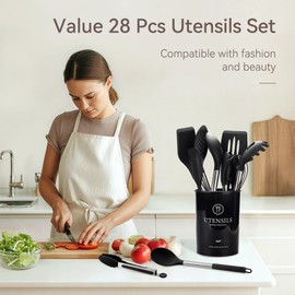 NCUE 28 Pcs Silicone Cooking Utensils Set with Holder, Spatula Set, Silicone Whisk, Scissors, Measuring Cups and Spoons Set with Stainless Steel Handle Kitchen Gadgets (Black)