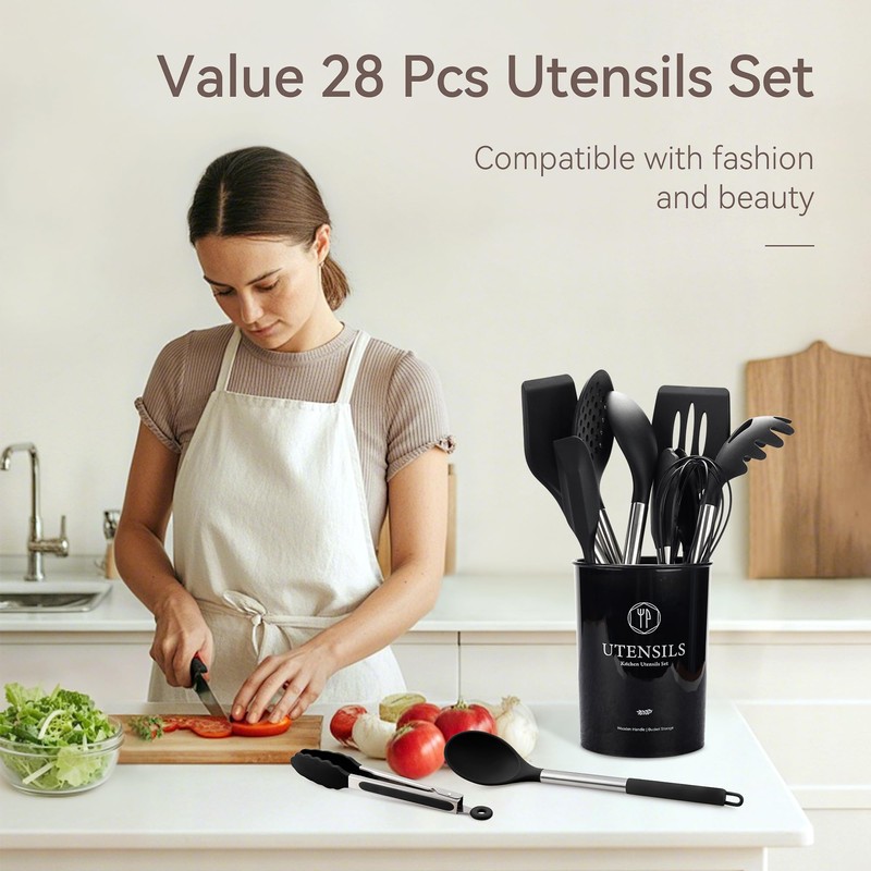 NCUE 28 Pcs Silicone Cooking Utensils Set with Holder, Spatula