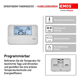 Emos Digital Room Thermostat with OpenTherm Support - Programmable, Wired, Surface-Mounted Thermostat, White, 12.6 x 8.4 x 2.6 cm