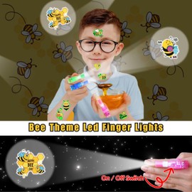 72 PCS Bee Party Favors – 48 PCS Tattoos & 24 PCS LED Finger Lights Combo – Birthday Goodie Bag Fillers, Party Supplies, Gifts Light Up Toys Glow In The Dark for Boys and Girls