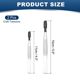PATIKIL Craft Tweezers with Rubber Tips, 2 Pcs PVC Coated Tweezers Set Long Stainless Steel Bent Straight Flat Tip for Stamp Sticker Crafts Beads Jewelry Tools, Black 5.9" 4.3"