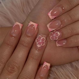 24pcs Short Square False Acrylic Press On Nails Reusable 3D Embossed French Tip Design with Cute Flowers (Pink-631)