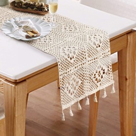MOREBEST Natural Beige Macrame Table Runner Cotton Crochet Lace Boho Wedding Table Runner with Tassels for Bohemian Rustic Wedding Bridal Shower Home Dining Table Decor