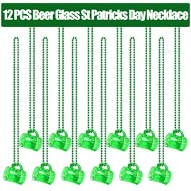 12 PCS Big Size St Patricks Day Necklace Shot Glass Hanging Necklace Bulk St Patricks Day Accessories for Women Green Beads St Pattys Accessories Decorations Party Favor for Saint Patricks Day