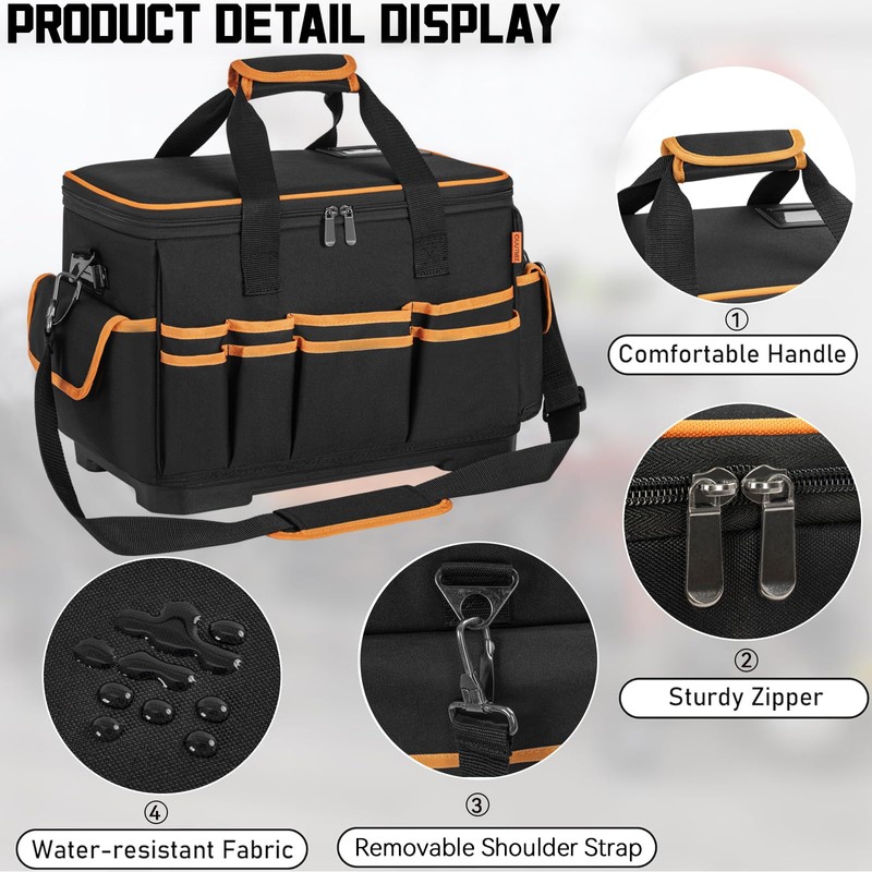 16 Inch Tool Bag with Waterproof Hard Bottom, Large Multi-Pockets