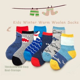 Children's Wool Socks Boys Warm Winter Socks Thick Crew Thermal Socks Cartoon Construction Vehicle Socks 6 Pairs, Sharks 2733B