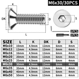 XRXYMQ 30 Pieces Countersunk Hex Socket M6 x 30 mm Countersunk Screws Stainless Steel 304 Stainless Steel Screws with Hex Key Electric Screwdriver Head