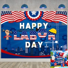 Happy Labor Day Backdrop Banner Remember and Honor Laborer Photography Background for Labor Day American Flag Patriotic Theme Party Decorations Supplies (8X6FT(94X70inch))