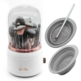 Selanoir Rotating Makeup Brush Holder with Lid – Dustproof Vanity Organizer for Makeup Brushes, Bonus Foldable Makeup Brush Cleaner Bowl Included, Elegant White Storage Solution
