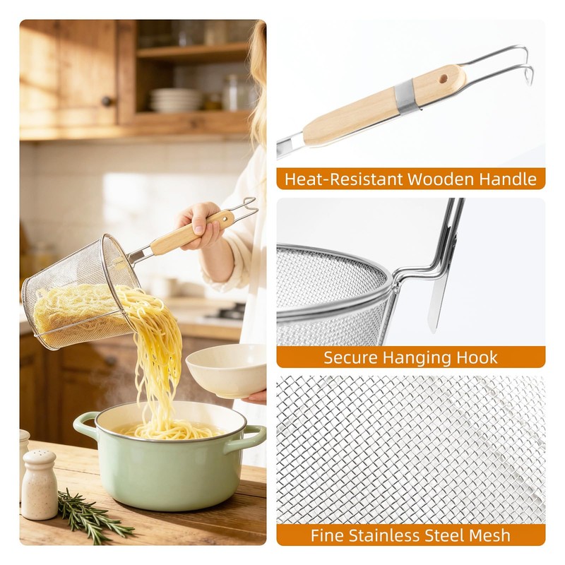 2 Pack Pasta Strainer Baskets with Wooden Handles & Cooking