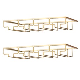 FOMANSH Wine Glass Rack - Under Cabinet Stemware Wine Glass Holder Glasses Storage Hanger 2 Pack Metal Organizer for Bar Kitchen 4 Rows Gold