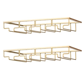 FOMANSH Wine Glass Rack - Under Cabinet Stemware Wine Glass Holder Glasses Storage Hanger 2 Pack Metal Organizer for Bar Kitchen 4 Rows Gold